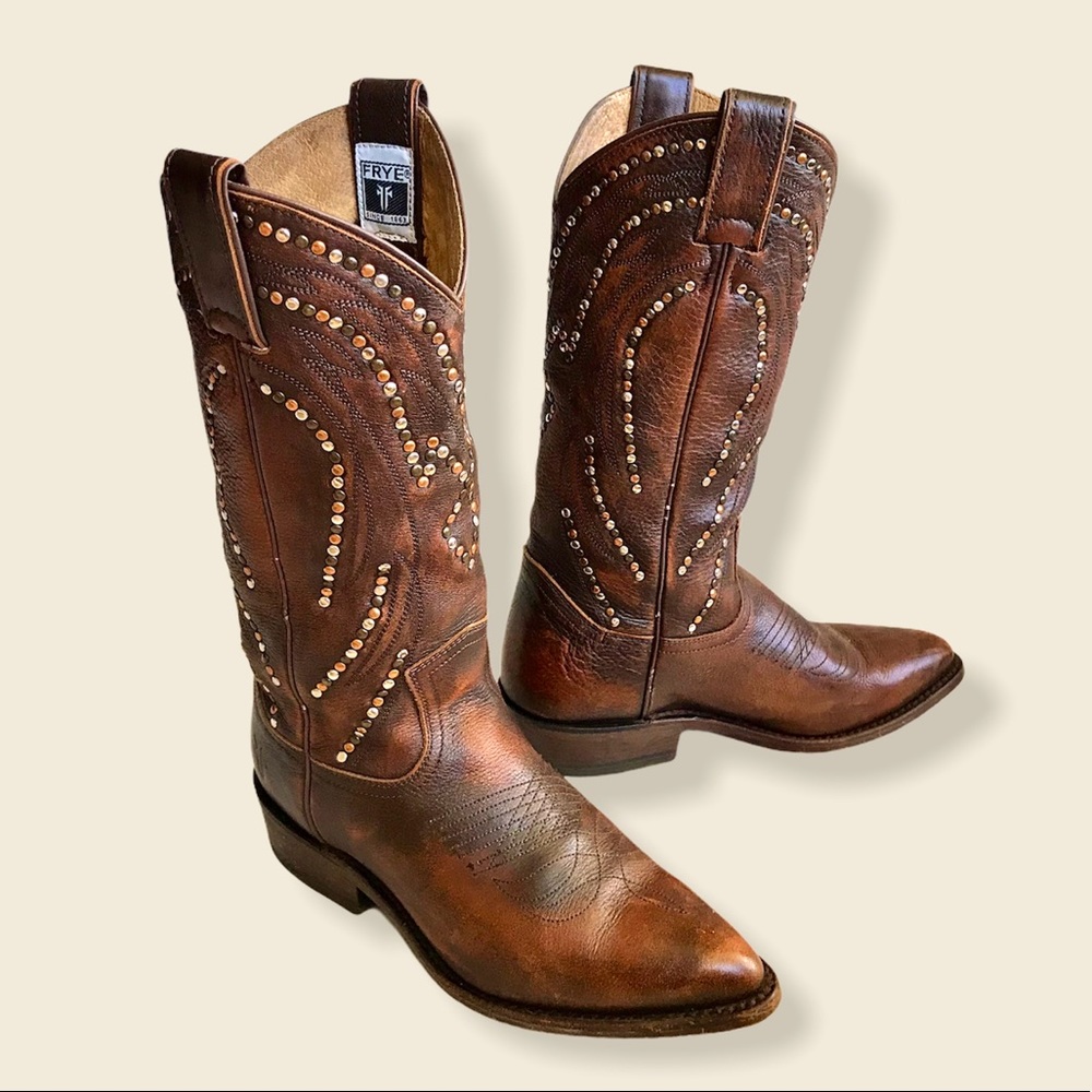 Frye Billy Stud Pull On Distressed Cowboy Boots - Picture 8 of 16